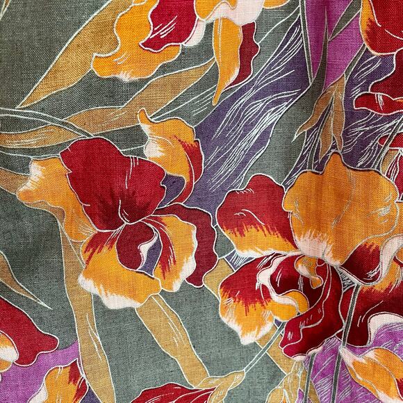 A-Line 100% Linen Midi Skirt Orange Purple Iris Print Button Side Closure Sz 10 - Picture 6 of 7